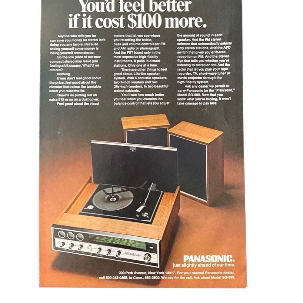 Vintage 1969 Panasonic You’d Feel Better if it Cost $100 More Ad Advertisement
